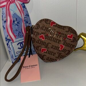 Juicy Couture Chestnut Heart Zip Around Wristlet with Red and Pink Accents
